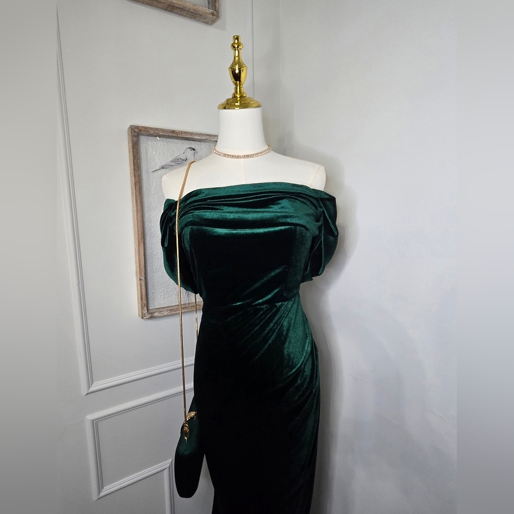 Luxurious Strapless Dark Green Velvet Gown - Picture 8 of 11